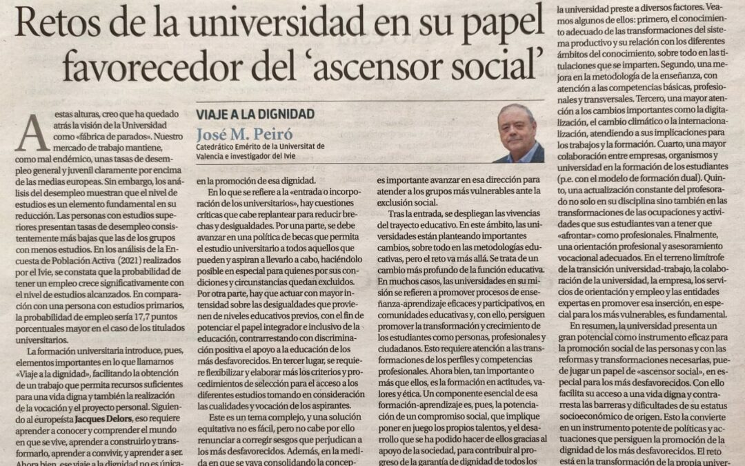 Retos de la universidad en su papel favorecedor del ‘ascensor social’, por José M. Peiró en Levante-EMV